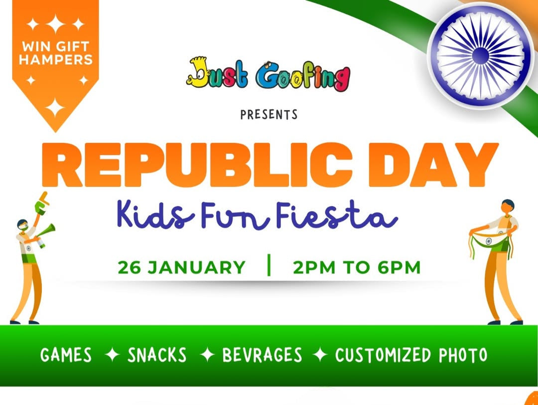Advertisement for Republic Day Kids Fun Fiesta event with colorful design and text.