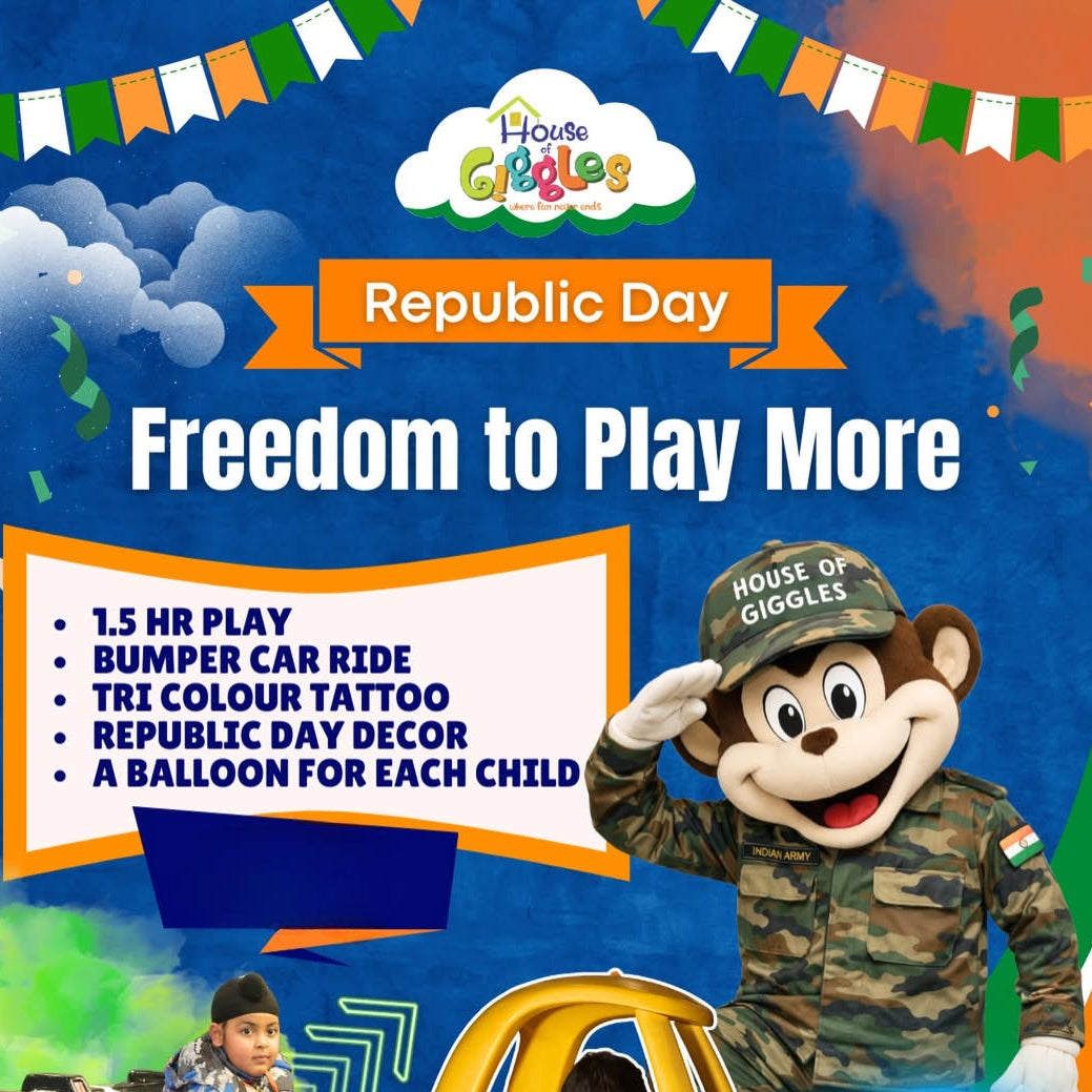 Advertisement for House of Giggles Republic Day event with children playing in a toy car and a mascot in camouflage gear.