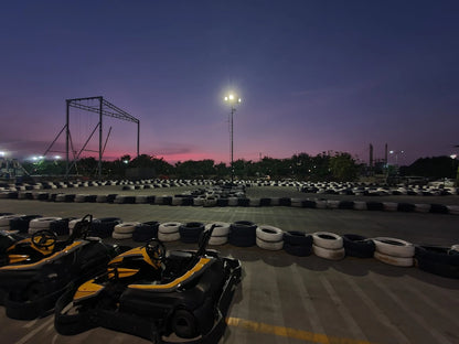 Go-karts lined up on a track at dusk, with a purple and pink sky.