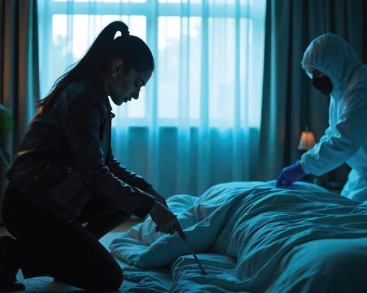A woman in a leather jacket examines a body on a bed, while a person in a hazmat suit works nearby.