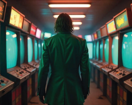A person in a green suit walks down a hallway lined with vintage arcade machines.