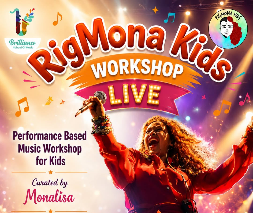 Promotional poster for RigMona Kids Workshop Live featuring a performer on stage with colorful text and branding.