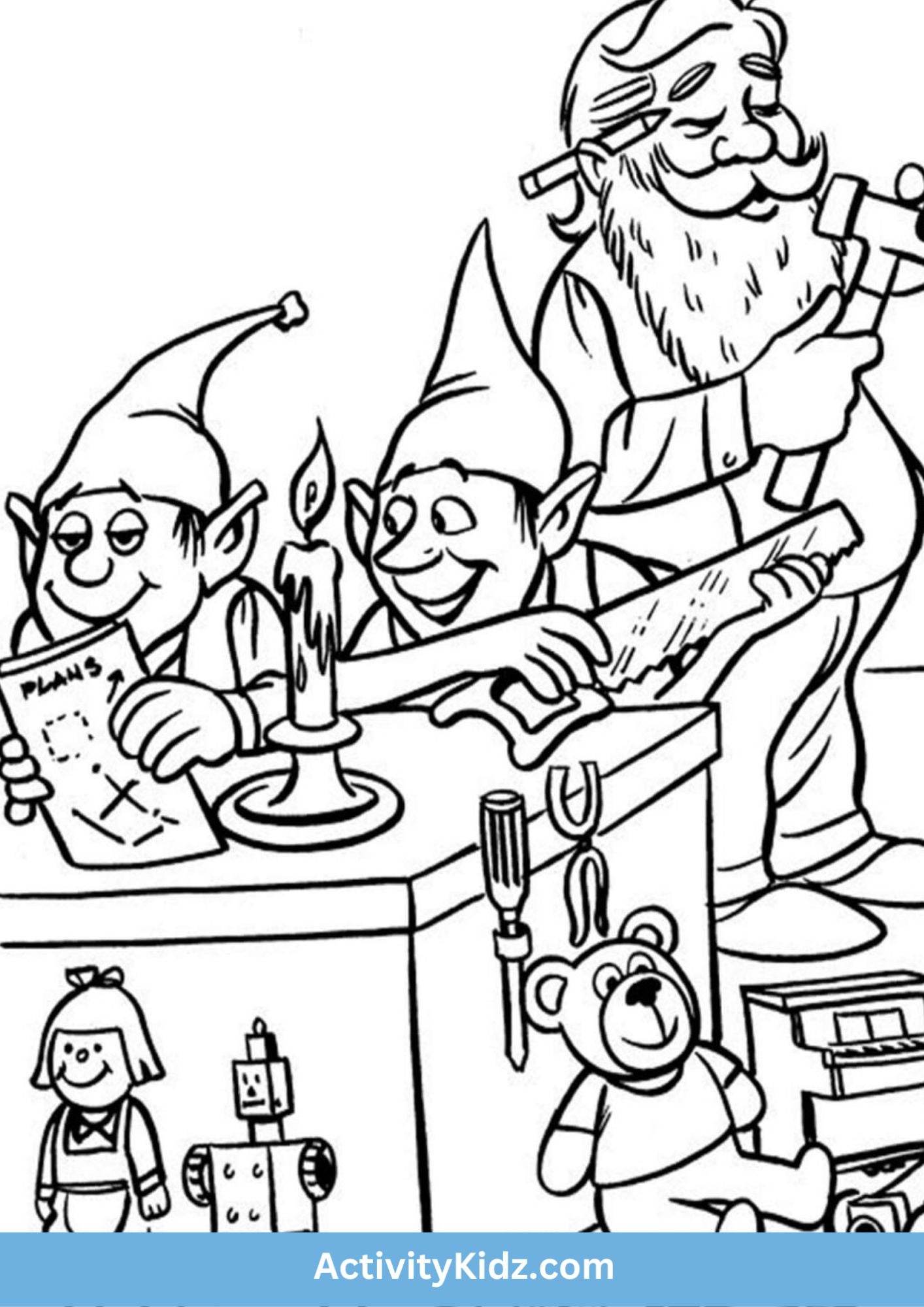 Santa and Elves Coloring Worksheet - ActivityKidz
