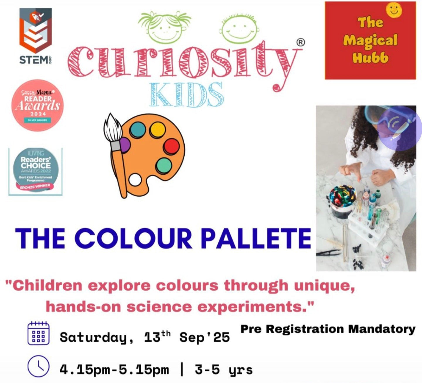 Promotional flyer for Curiosity Kids event titled 'The Colour Palette' with logos and details.