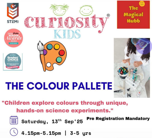 Promotional flyer for Curiosity Kids event titled 'The Colour Palette' with logos and details.
