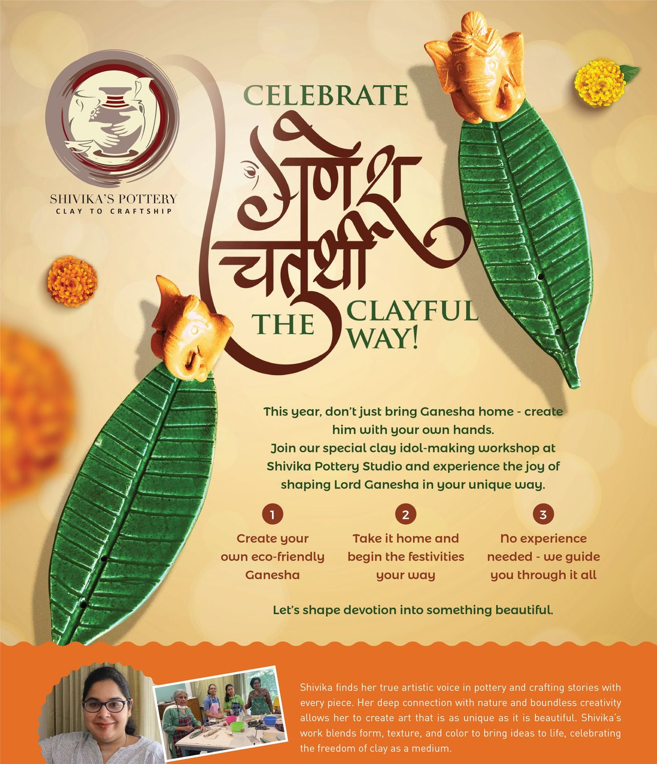 Promotional flyer for a Lord Ganesha idol-making workshop by Shivika's Pottery.
