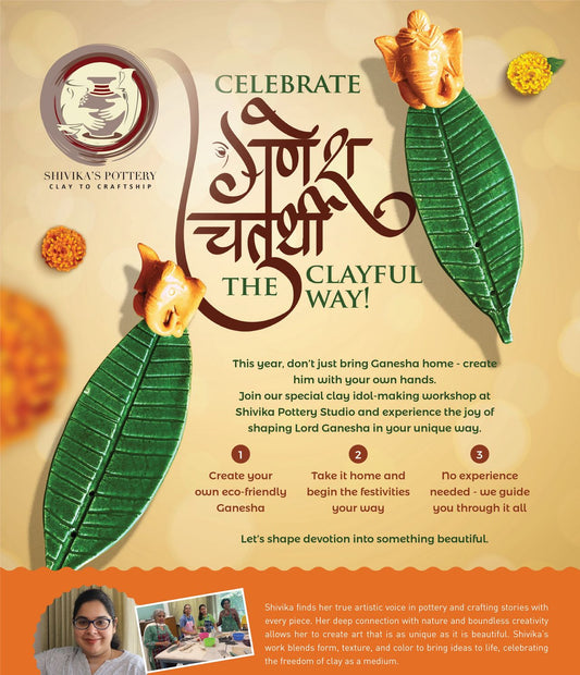 Promotional flyer for a Lord Ganesha idol-making workshop by Shivika's Pottery.