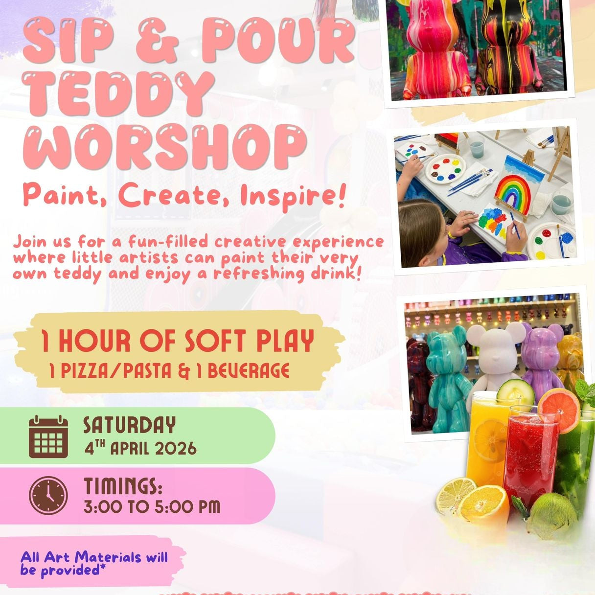 Promotional flyer for a 'Sip & Pour Teddy Workshop' at Giggle's World, featuring activities and details.