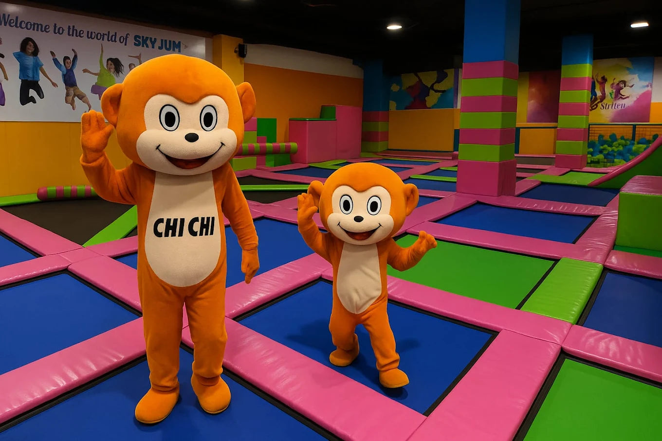 Two monkey mascots wave on a trampoline court at Sky Jump.