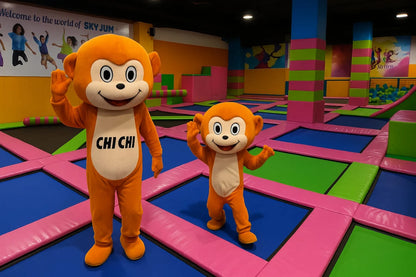 Two monkey mascots wave on a trampoline court at Sky Jump.