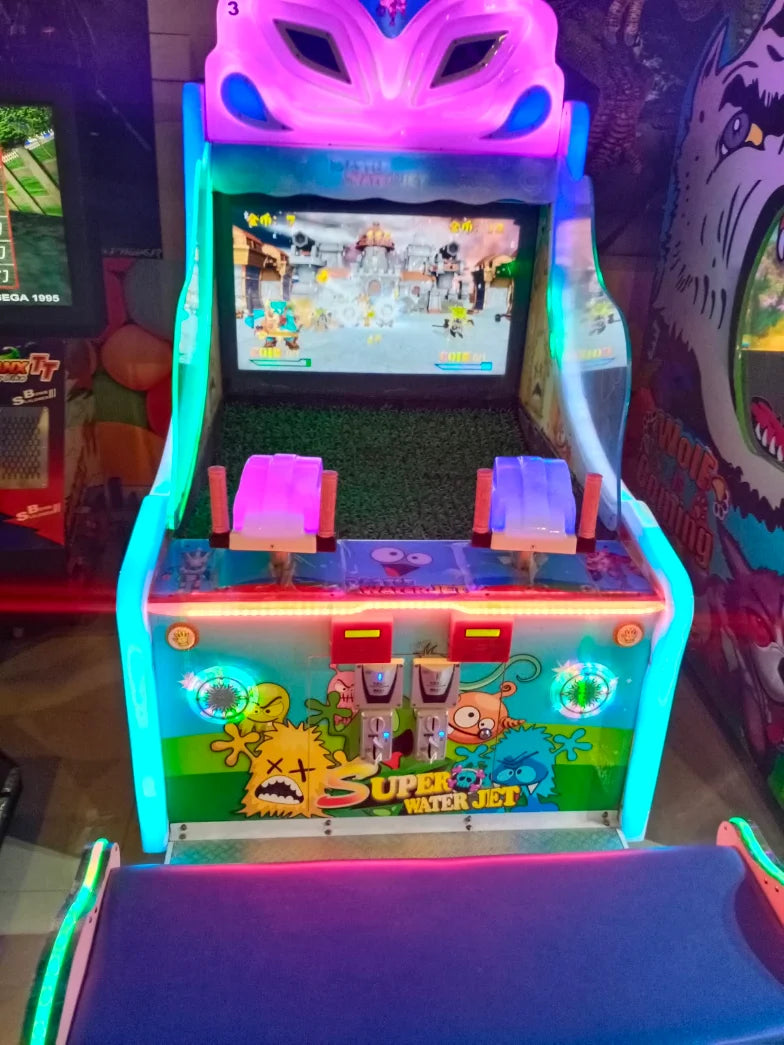 An arcade game cabinet for "Super Water Jet" with colorful lights and cartoon characters. Two players can use water guns to play.