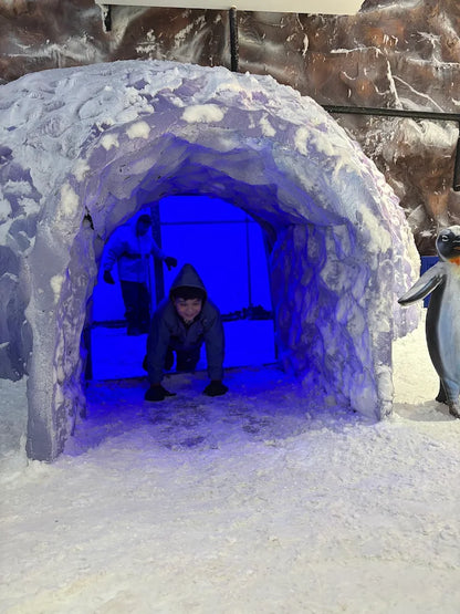 A child crawls through a snow tunnel with a penguin statue nearby.