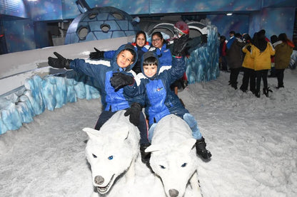 Children ride on snow wolves in a winter-themed amusement park.