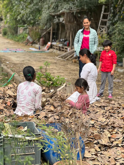 People working in a garden with a rustic background