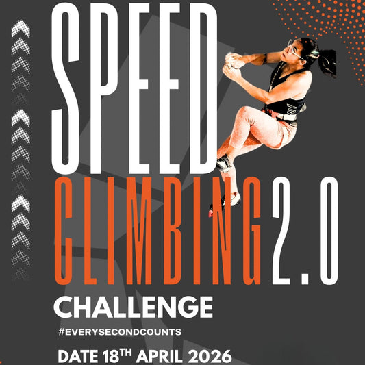 Advertisement for Speed Climbing 2.0 Challenge with a climber in mid-air on a dark background.