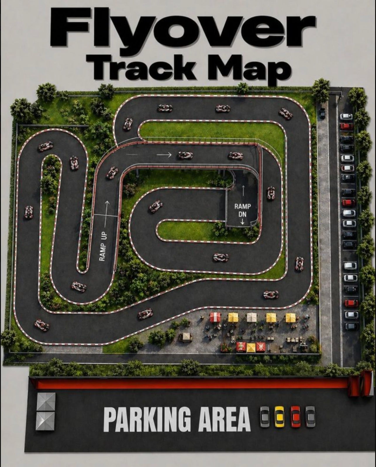 Aerial view of a go-kart track with karts racing, surrounded by trees and a parking area.