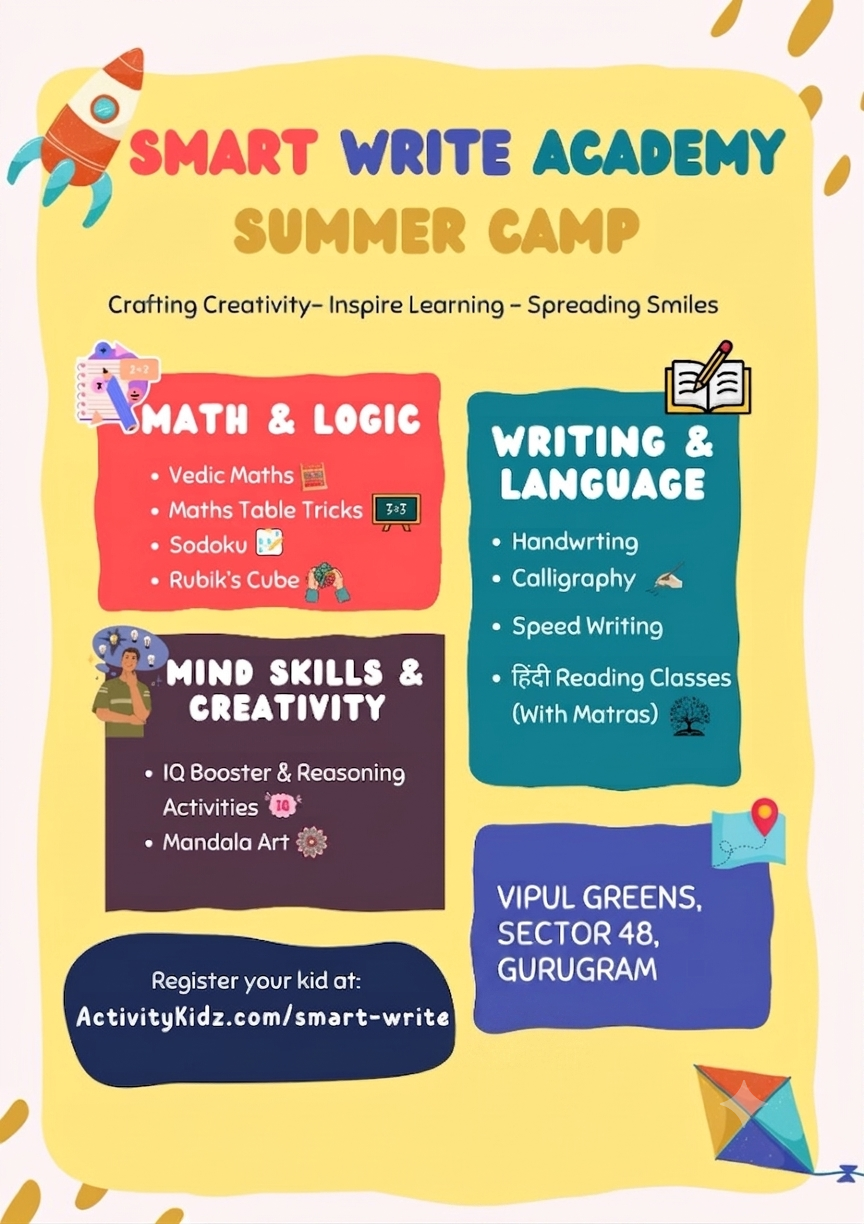Summer Camp by Smart Write Academy (1 Jun - 31 Aug) | Vipul Greens Sector 48 Gurgaon
