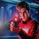 Person in futuristic suit holding a weapon with a red glow in a sci-fi setting