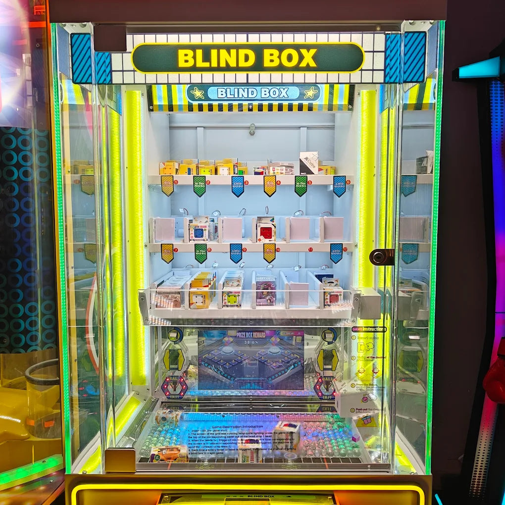 A "Blind Box" arcade game with prizes displayed on shelves.