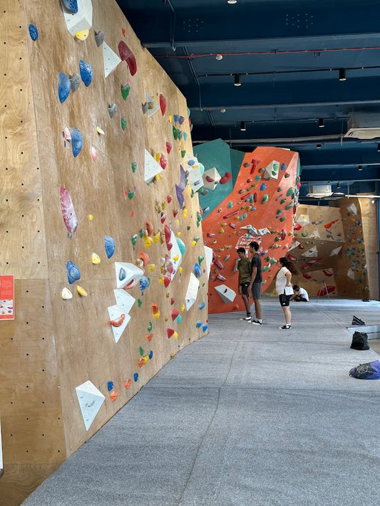 People at a bouldering gym with colorful climbing holds on wooden walls.
