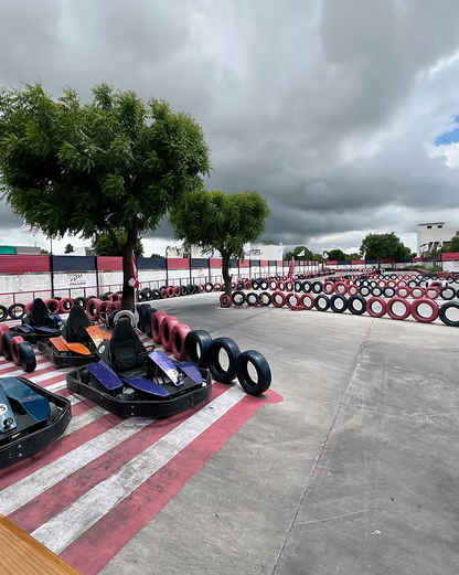 Go-karts lined up on a track with tire barriers and trees under a cloudy sky.