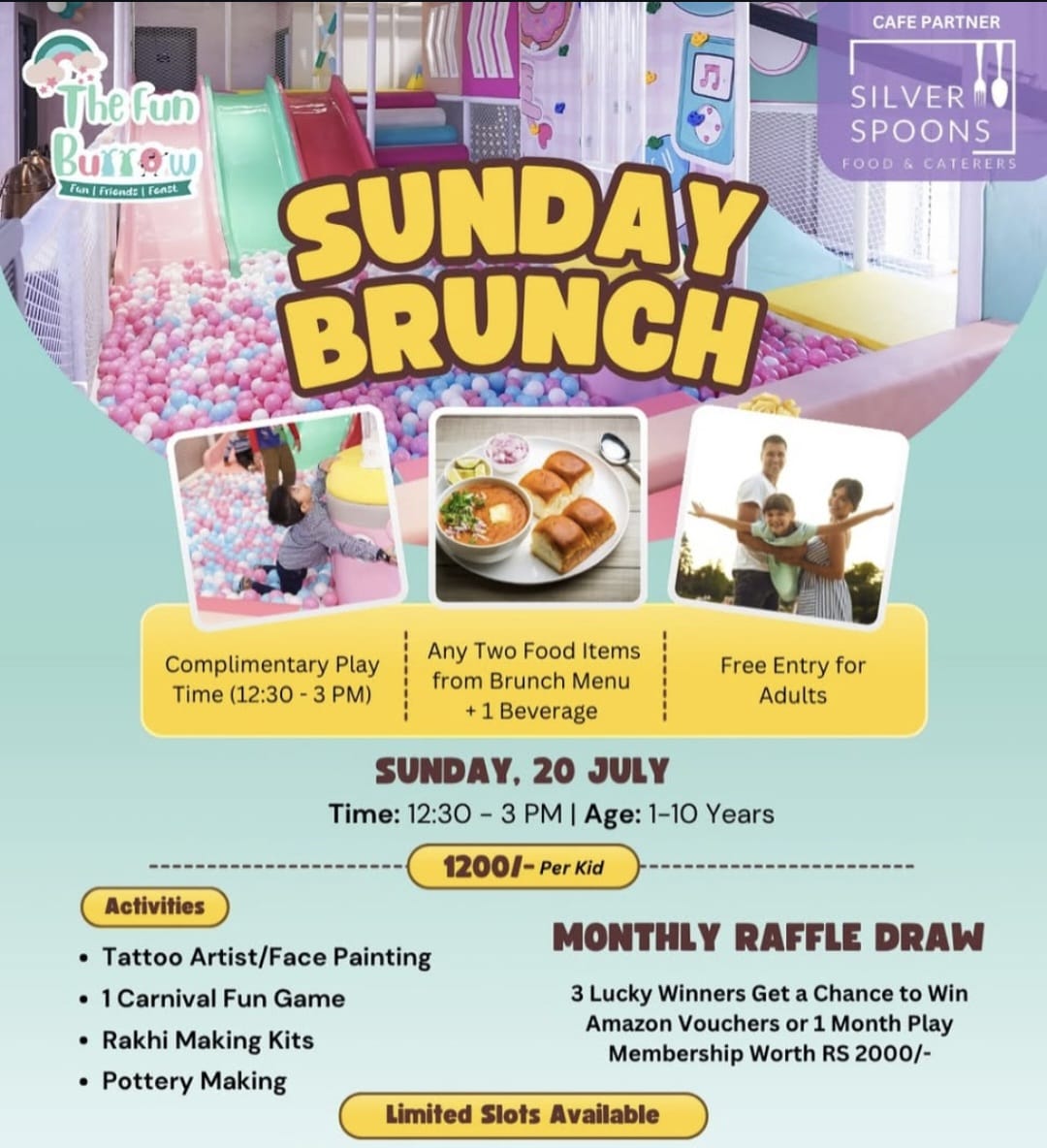 Promotional flyer for Sunday Brunch event at The Fun Buffet with activities and details.