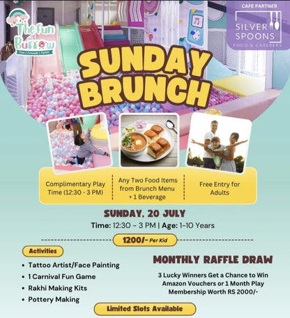 Promotional flyer for Sunday Brunch event at The Fun Buffet with activities and details.