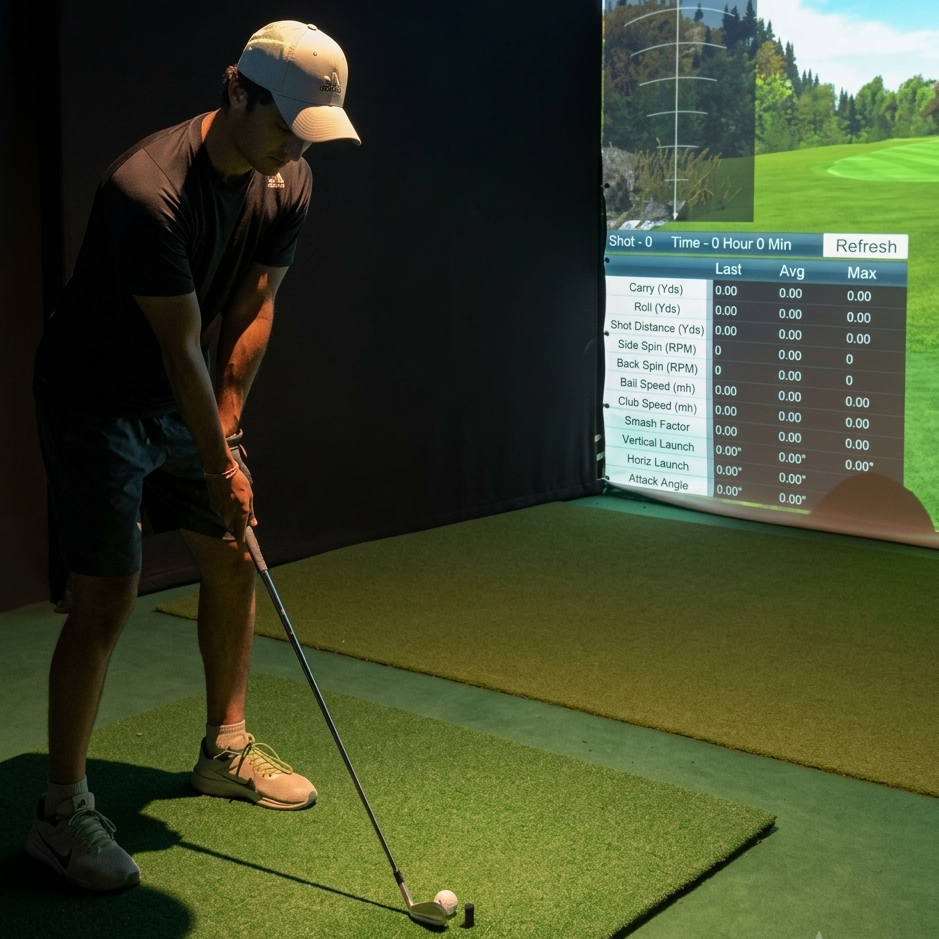 A young man practices golf indoors on a simulator, with a screen displaying shot data.