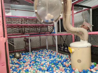 Indoor play zone with pastel-colored ball pit, netted climbing tunnels, and interactive ball blower machine