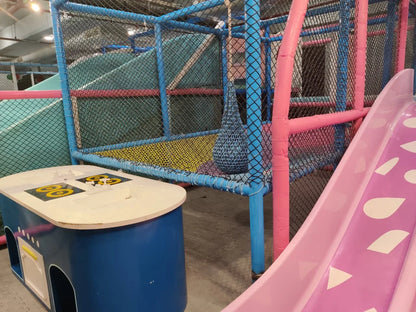 Indoor play structure with pastel pink slide, blue padded climbing frame, and netted enclosure for safe kids fun