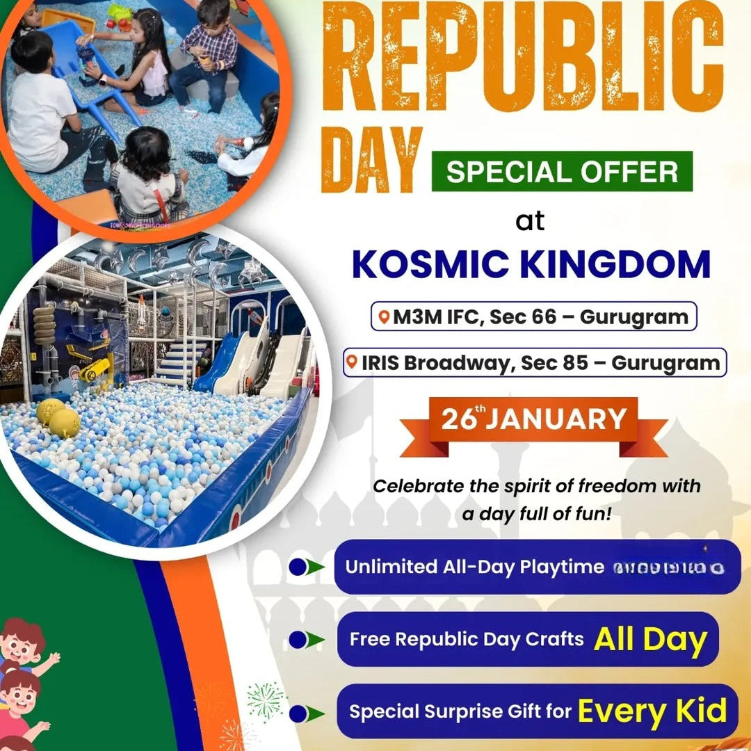 Advertisement for Kosmic Kingdom's Republic Day special offer with images of indoor play areas.