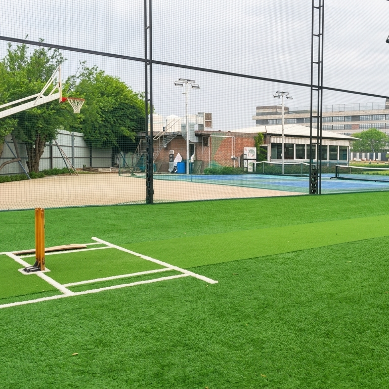 A multi-sport complex with a basketball hoop, tennis courts, and a cricket pitch.