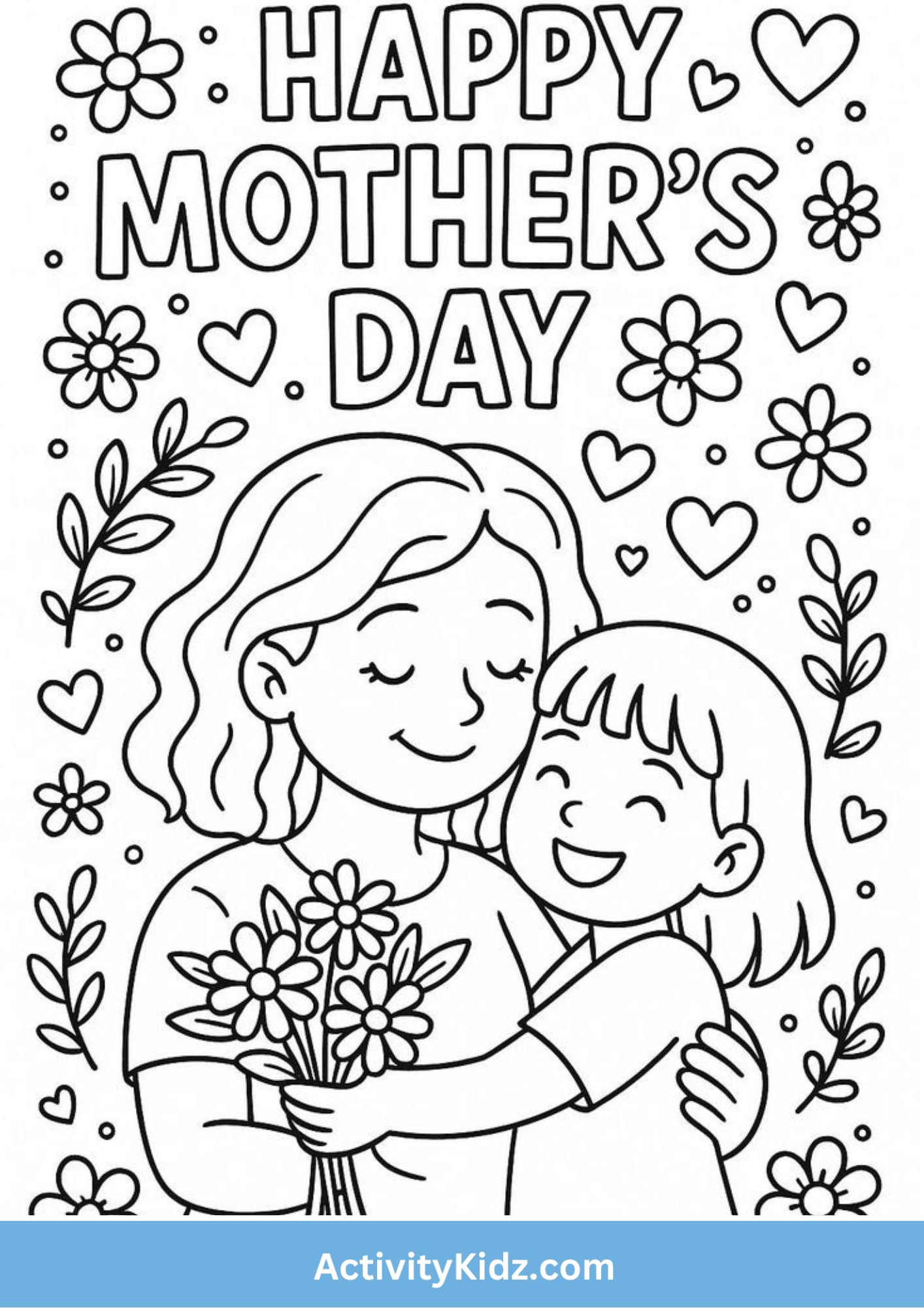 Mother's Day Hug & Flowers Coloring Sheet - ActivityKidz