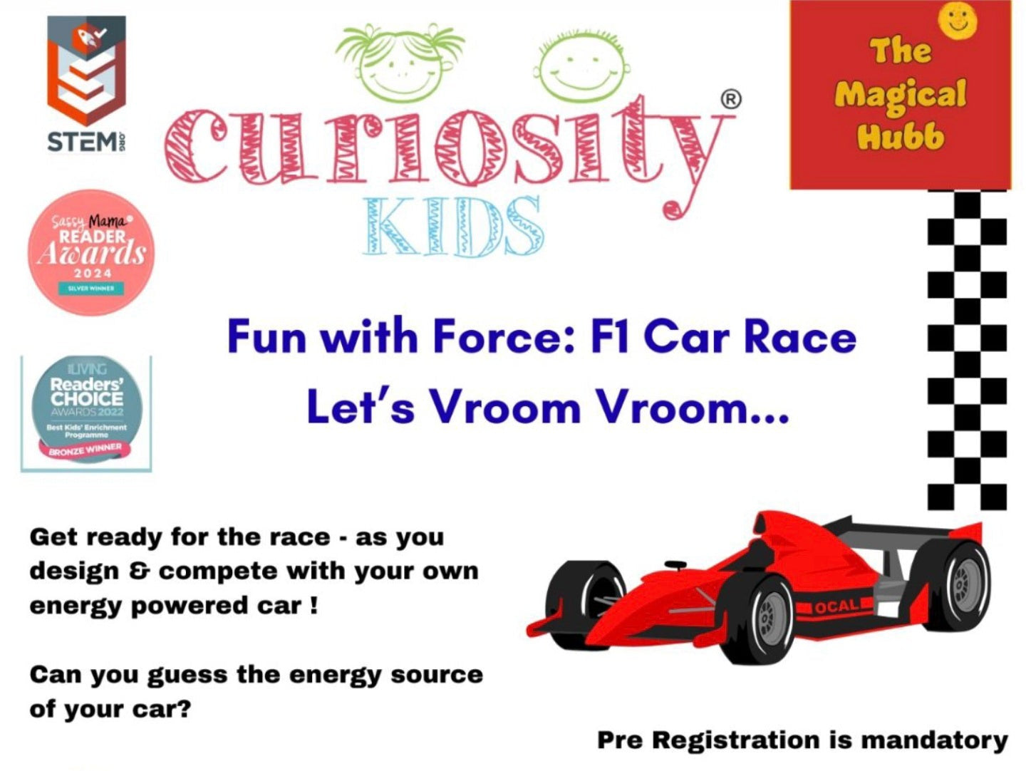 Promotional flyer for a 'Fun with Force: F1 Car Race' event by Curiosity Kids.