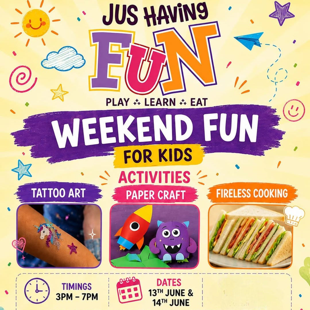 Promotional flyer for 'Weekend Fun for Kids' activities including tattoo art, paper craft, and fireless cooking.