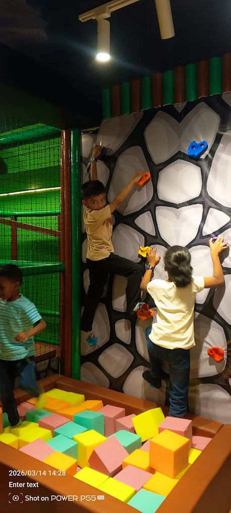 Children climb a rock wall in a colorful indoor play area with a ball pit below.