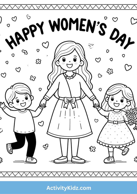 Happy Women's Day Family Coloring Worksheet - ActivityKidz