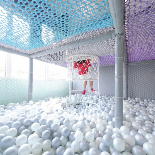 A child plays in a ball pit with a netted play structure above.