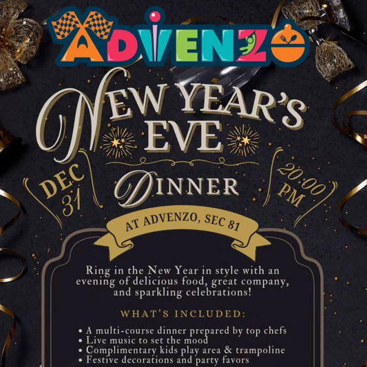 Advertisement for Advenzo New Year's Eve dinner event with decorative elements.