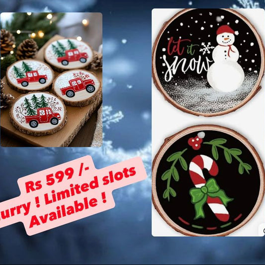 Advertisement for a Christmas Woodcoaster Painting Workshop with images of decorated coasters and promotional text.