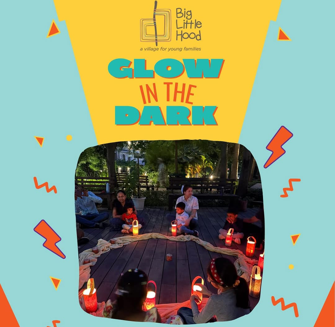Promotional poster for 'Glow in the Dark' event with children and adults at night
