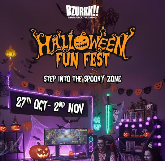 Promotional poster for Halloween Fun Fest with Halloween-themed decorations and a gaming setup.