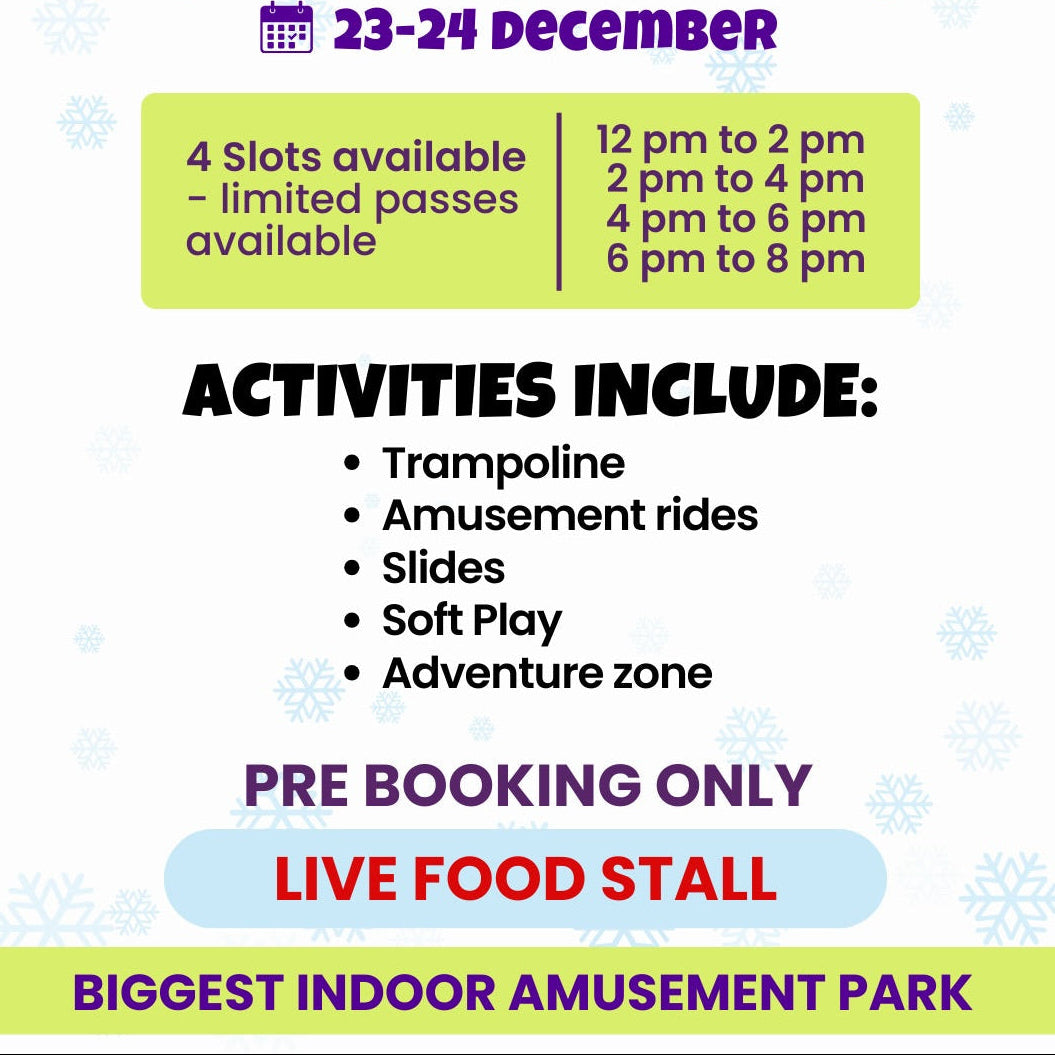 Advertisement for a Christmas carnival event with timings, activities, and booking information.