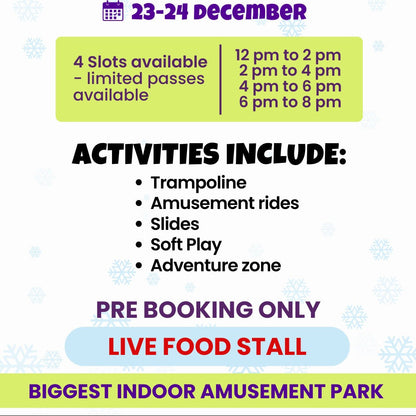 Advertisement for a Christmas carnival event with timings, activities, and booking information.