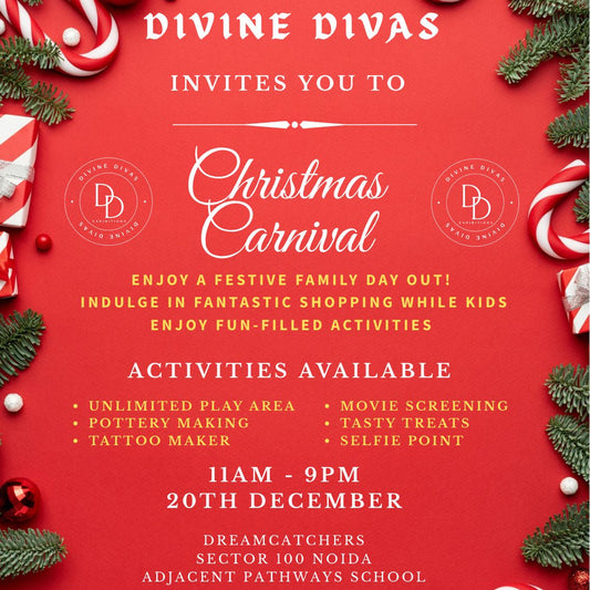 Promotional flyer for a Christmas Carnival event by Divine Divas with festive decorations.
