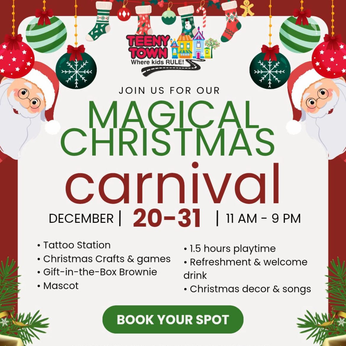 Advertisement for Teeny Town's Magical Christmas Carnival with festive decorations and event details.