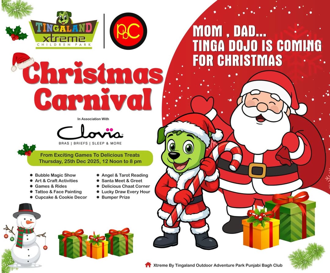 Advertisement for Tingaland Xtreme Christmas Carnival featuring Santa Claus and a green character, with event details on a red background.