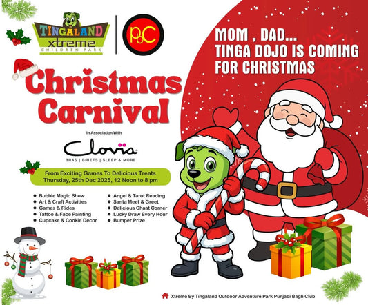 Advertisement for Tingaland Xtreme Christmas Carnival featuring Santa Claus and a green character, with event details on a red background.