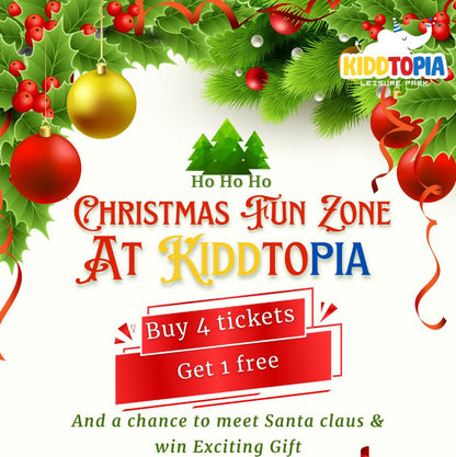 Promotional poster for Kiddtopia's Christmas Fun Zone with festive decorations and text.