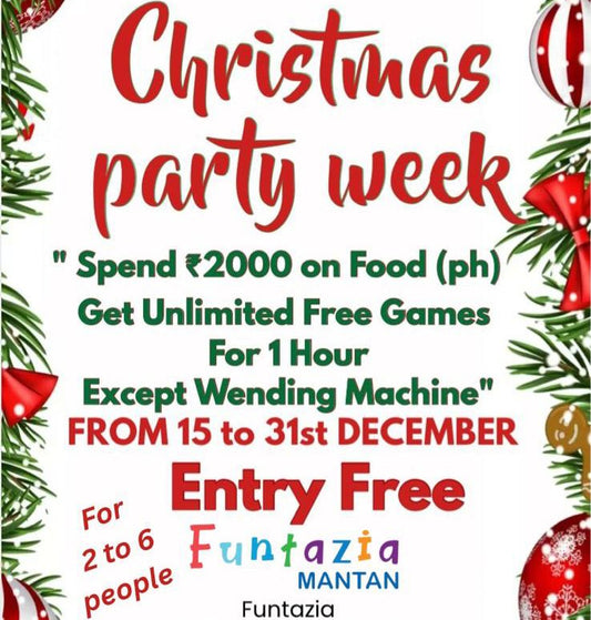 Invitation to Christmas party week with festive decorations and text details.